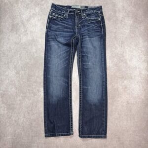 BKE Aiden Straight Dark Wash Jeans Mens 28R Buckle Denim Whiskering Thick Stitch